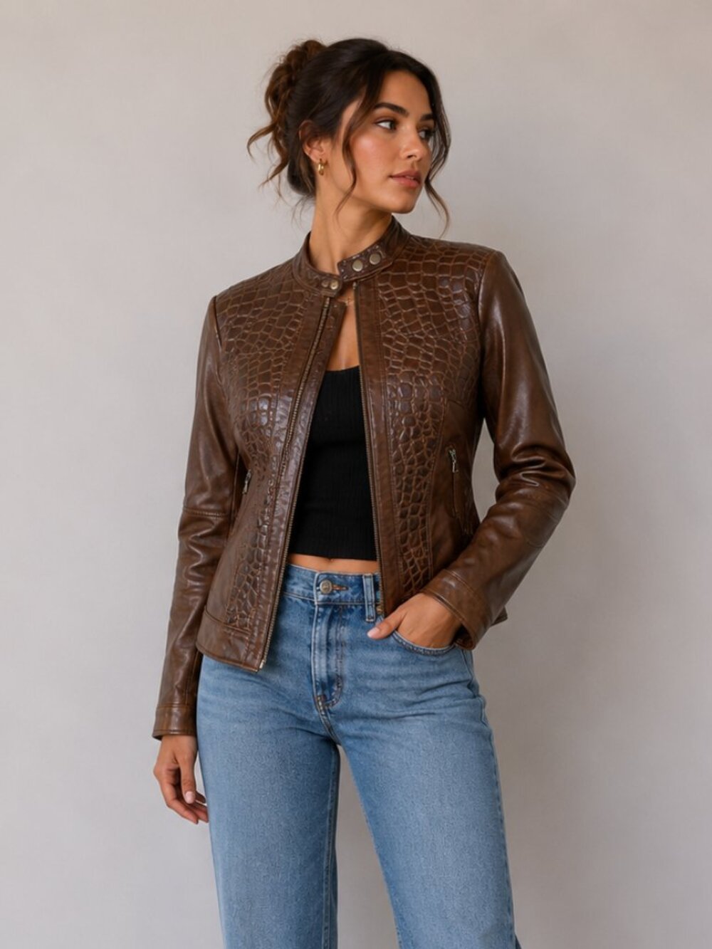 Burns 1876 Leather Embossed Zip Up Jacket Brown Size Small